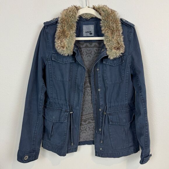 Levi’s Navy Cargo Jacket Detachable Faux Fur Collar S - Picture 1 of 6